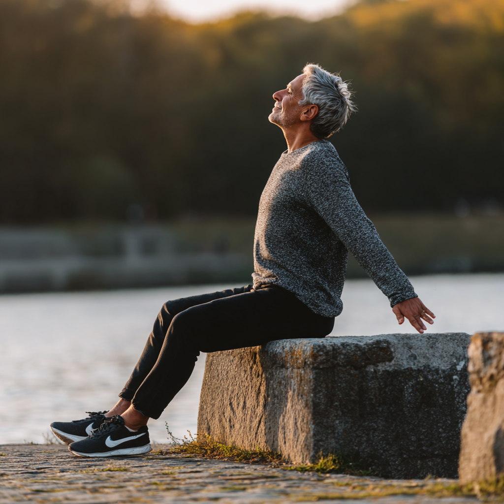 Middle-aged person enjoying peaceful outdoor movement session