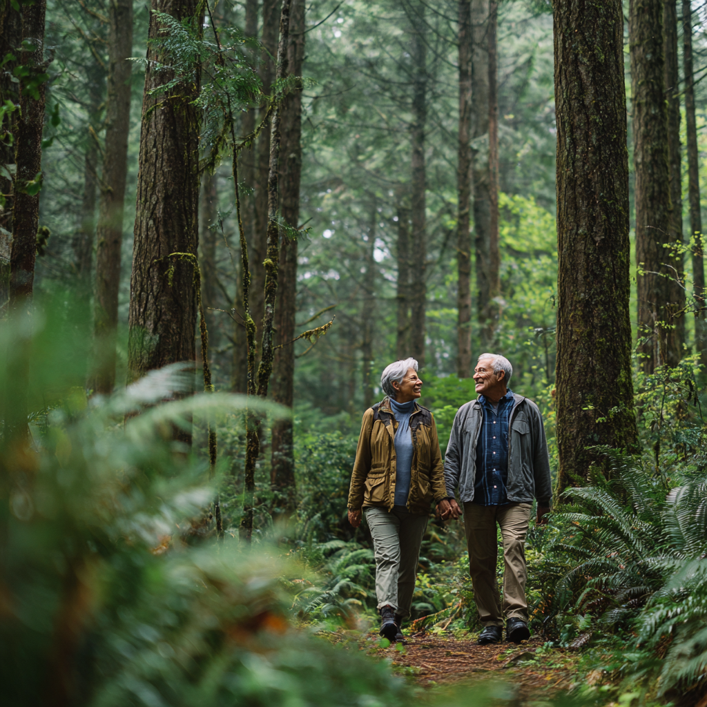 Older adults walking peacefully in natural forest setting
